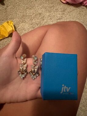 JTV Gold-Tone Butterfly Drop Earrings with Opalescent and Champagne Stones